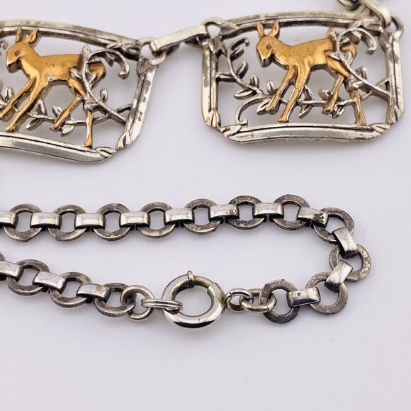 Mixed Metals Necklace Deer Panels Silver Plated n Copper Coro Design 17" Vintage - Picture 4 of 5